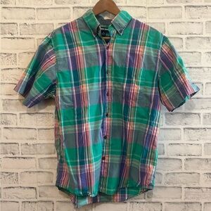 Men~ Lands End multi colored plaid short sleeve casual button down shirt M 38-40